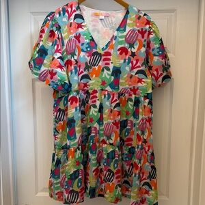 Briton Court Matisse Abstract Print Puff Sleeve Tiered Mini Dress - L/XL